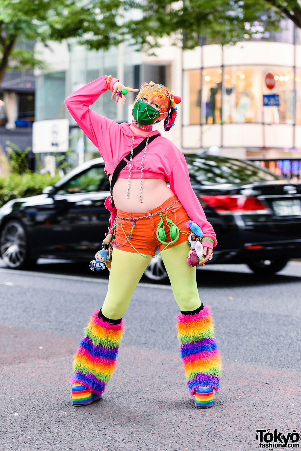 Kawaii Tokyo Street Style w/ Multi-Colored Twin Braids, Decora Hair Accessories, (ME) Harajuku Hoodie, Claire's, 6%DokiDoki, WEGO Headphones, Algonquins Furry Bag & YRU Rainbow Platforms