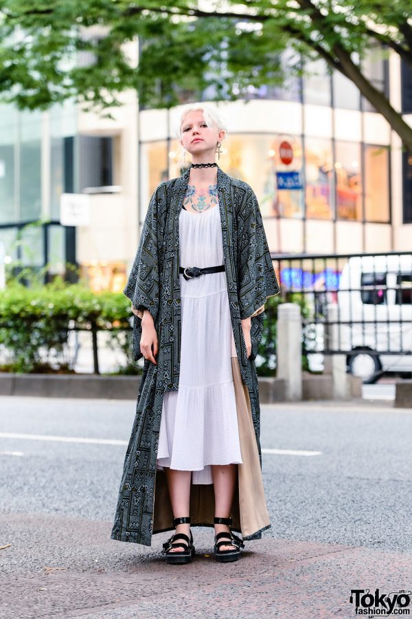 Tokyo Style w/ Pastel Tattoo, Choker, Kimono Coat, Belted Tiered Dress & Patent Sandals