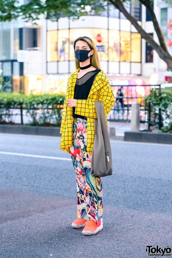 Casual Eclectic Streetwear Style w/ Black Face Mask, Checkered Blazer, Mesh Sweatshirt, Mukzin Cartoon Pants, Unfil Tote & Grounds Sneakers