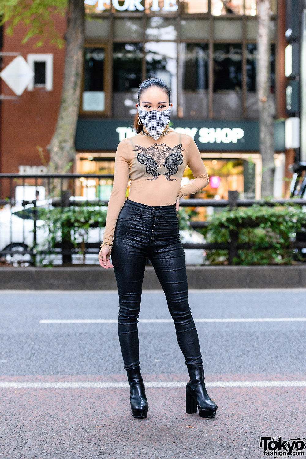 Tokyo Girl Street Style w/ Chainmail Mask, I.Am.Gia Sheer Snake Top, 24h Party Snakeskin Pants, Juemi & Envym Platform Booties