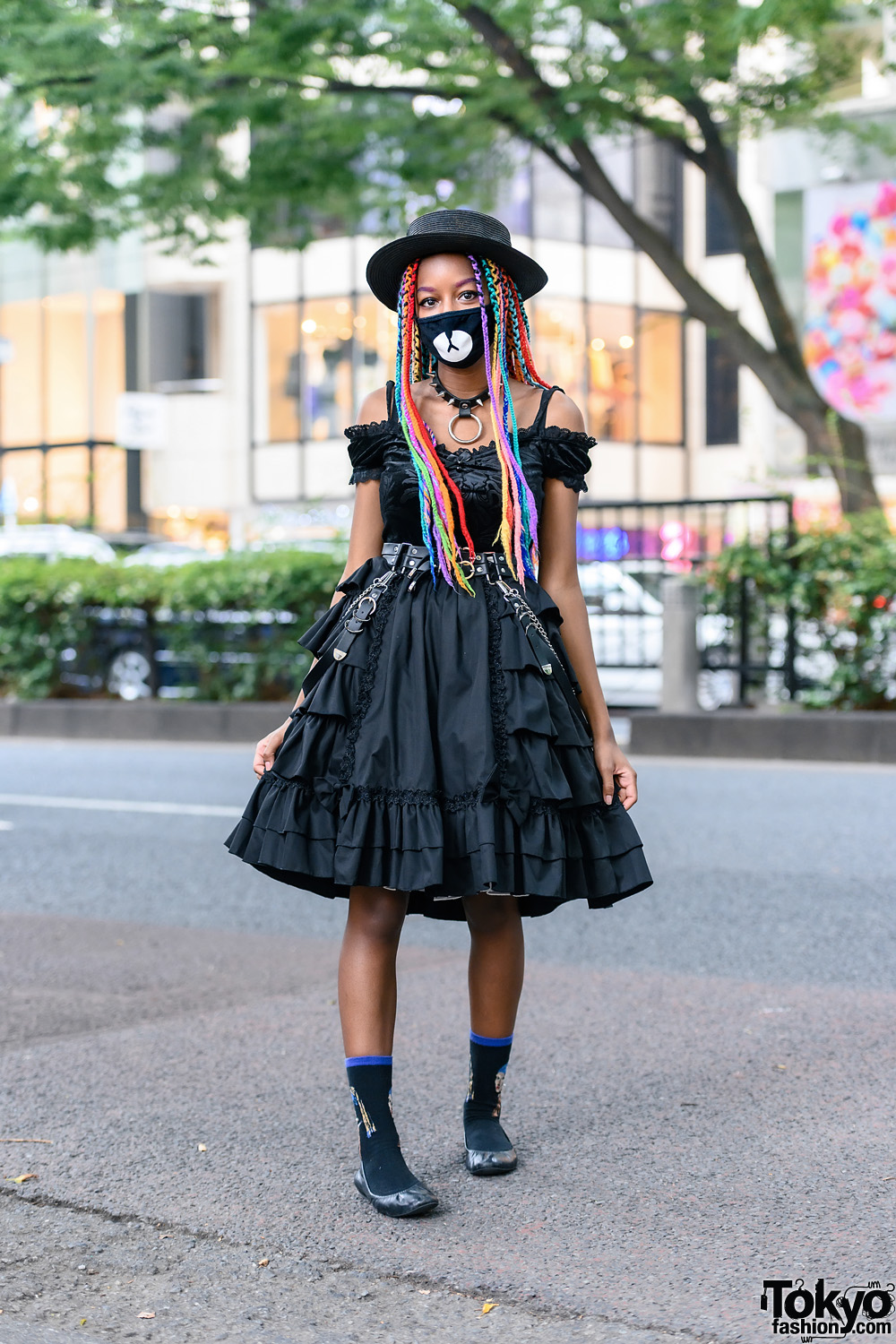All Black Streetwear Look in Harajuku w/ Rainbow Braids, Straw Hat, Spiked Choker, Killstar, Bodyline Skirt & Ballerina Flats