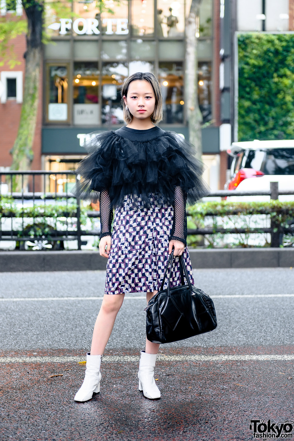 Tokyo Style w/ Septum Ring, Microwave Tulle Top, Geometric Print Skirt, Vivienne Westwood Handbag & Vintage Boots