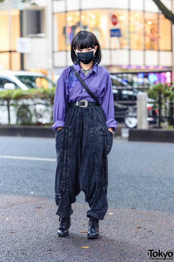 Harajuku Street Style w/ Face Mask, Embroidered Shirt, Drop Crotch Pants, Fringed Bag & Leather Boots