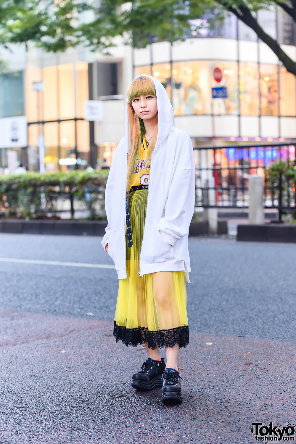 Harajuku Style w/ Yellow & Green Hair, Lakers Jersey, &Ellecy Hoodie, Armani Exchange Accordion Skirt & Yosuke Boots