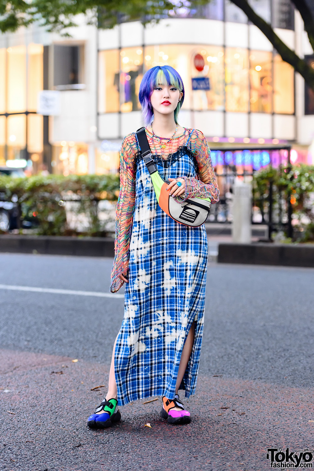 Colorful Tokyo Style w/ Multicolored Hair, Smiley Face Necklace, Knit Sweater, X-Girl Plaid Dres, Marc Jacobs & Nike Tabi Sneakers