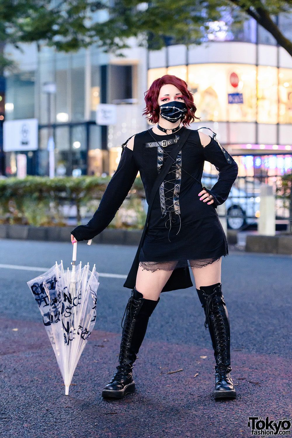 All Black Tokyo Street Style w/ Barb Wire Face Mask, Drug Honey Sweater Dress, Thank You Mart Bag, Black Lives Matter Umbrella & Thigh Boots