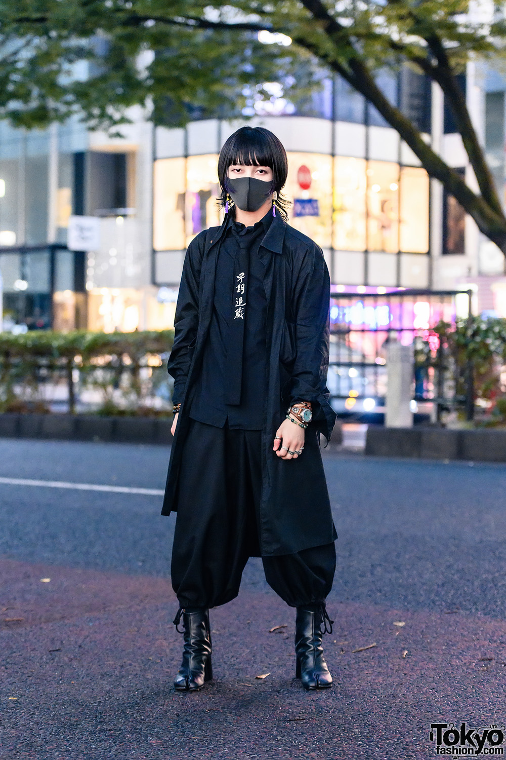 All Black Tokyo Menswear w/ Mahjong Tassel Earrings, Y-3