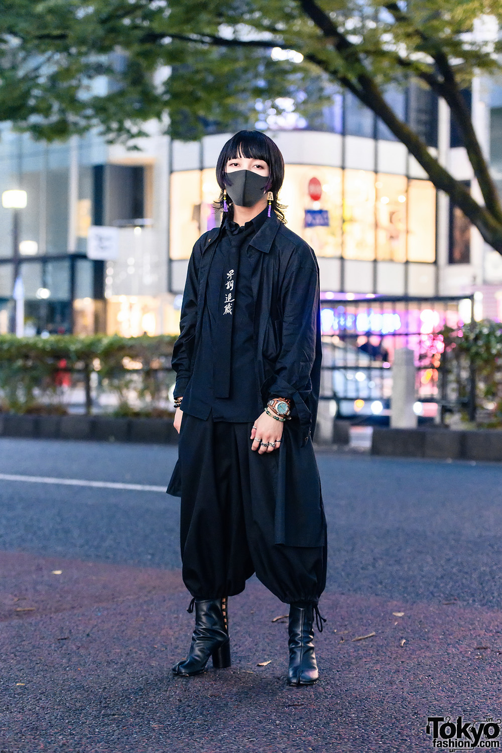 All Black Tokyo Menswear w/ Mahjong Tassel Earrings, Y-3, Yohji