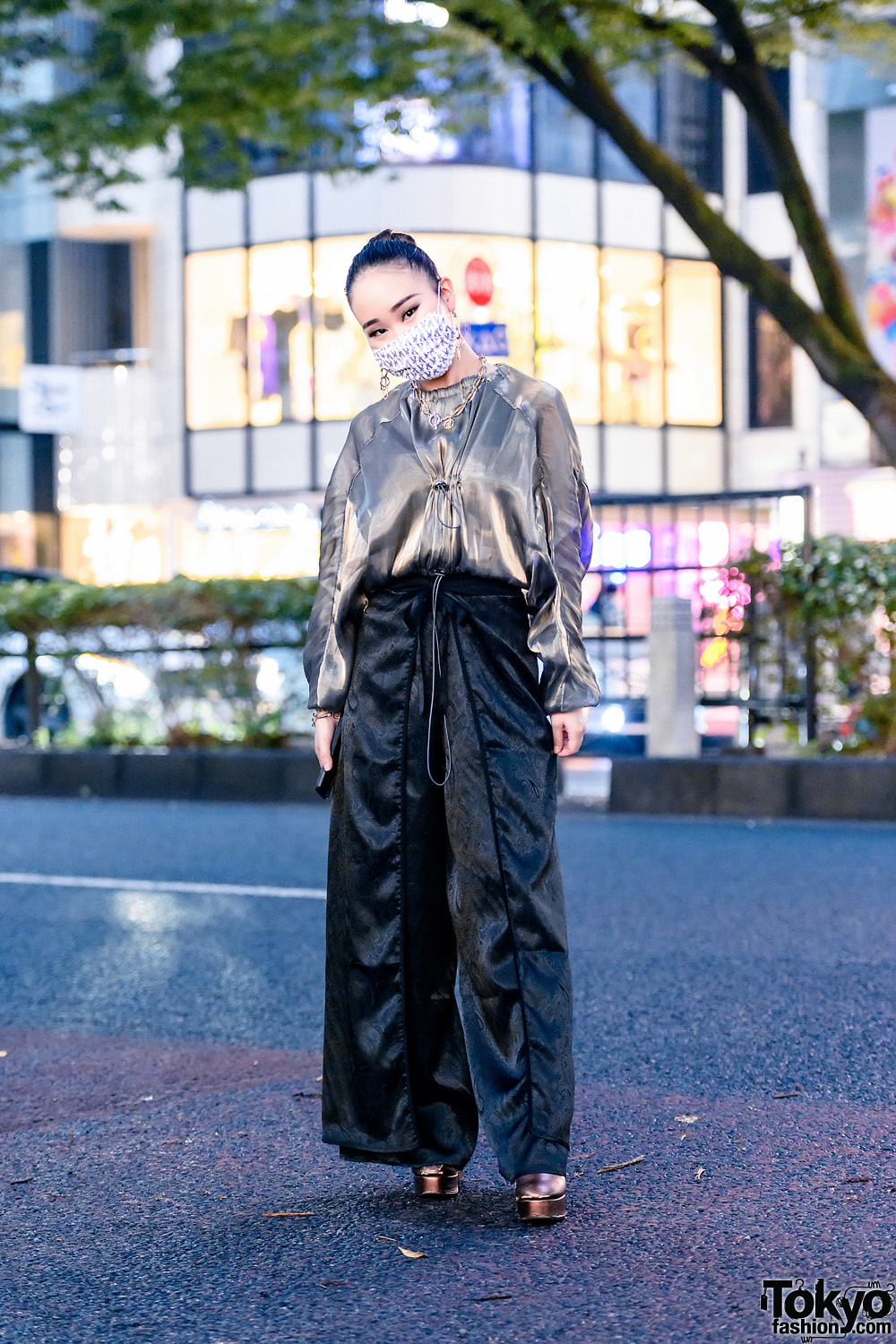 Juemi Tokyo Style w/ Printed Mask, Chain Earrings, Ruched Chiffon Top, Paisley Print Satin Pants & Evris Platform Boots