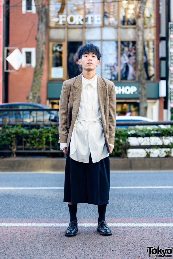 Tokyo Menswear w/ Single Earring, New Yorker Plaid Blazer, Toironier Shirt, Lui’s Culotte Pants, Gucci & Haruta Leather Shoes