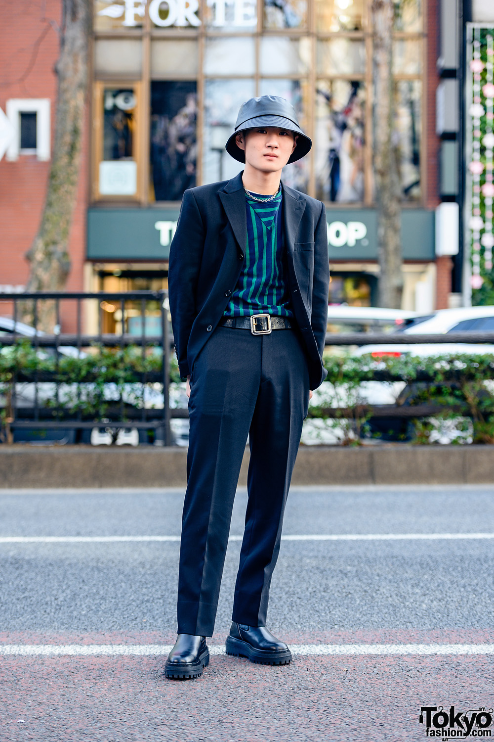 Harajuku Street Style w/ Bucket Hat, Resale Suit, Calvin Klein, Maison Margiela, Vintage Bag & Zara Boots