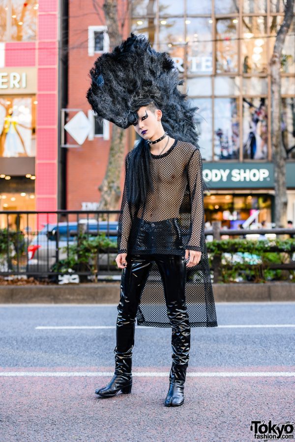 Tokyo Mohawk Hairstyle w/ Spiked Choker, Comme des Garcons Fishnet Top, Catanzaro Pleather Pants & Maison Margiela Tabi Boots