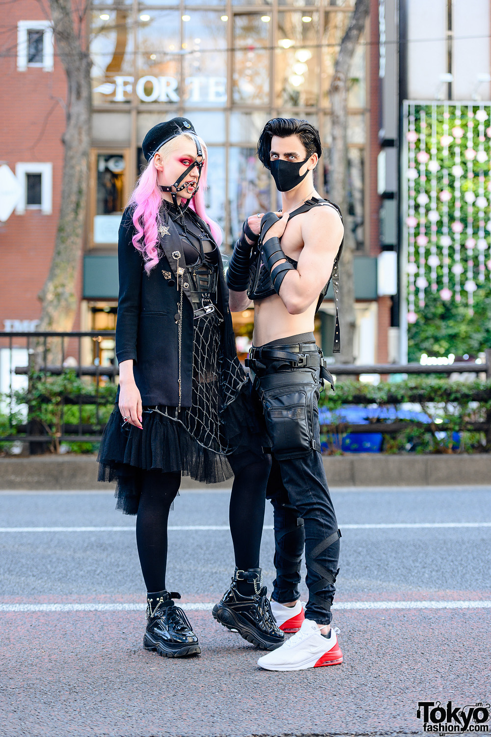 Tokyo Cyberpunk Streetwear Styles w/ Pink Hair, Killstar Harness, URB Top, Honey Birdette Lingerie Dress, POI Designs Vest & Nike Sneakers