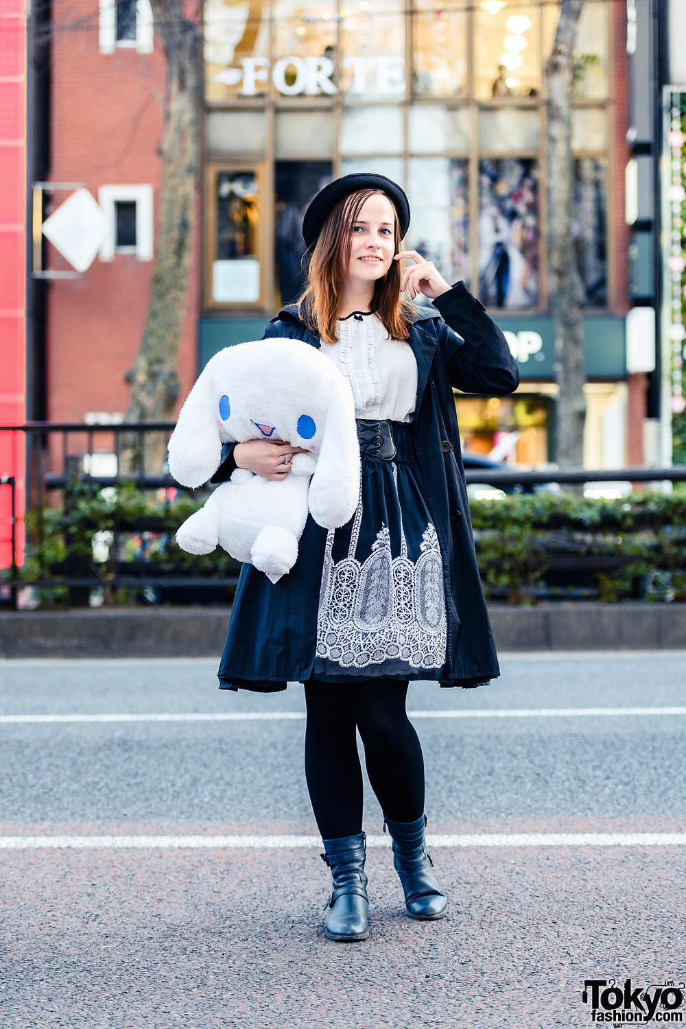 Monochrome Tokyo Look w/ Large Plushie, Fedora Hat, Belted Coat, Handmade Skirt & Black Boots