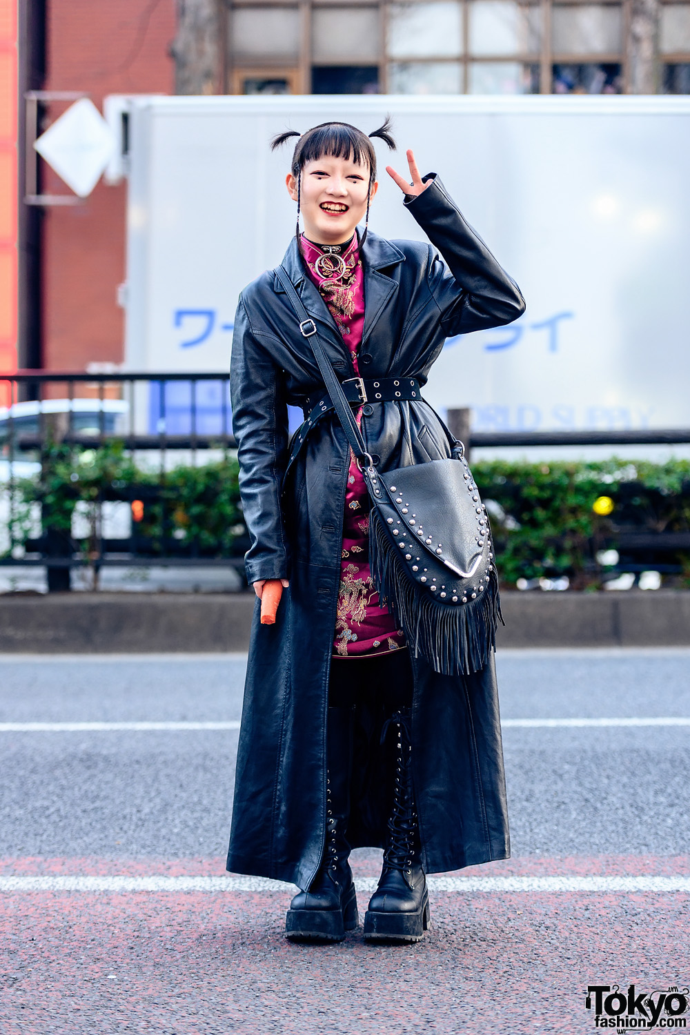 Leather Style in Harajuku w/ Shaved Hairstyle, O-Ring Choker, Leather Trench Coat, Chinese Dragon Dress, Fringe Bag & Demonia Knee Boots