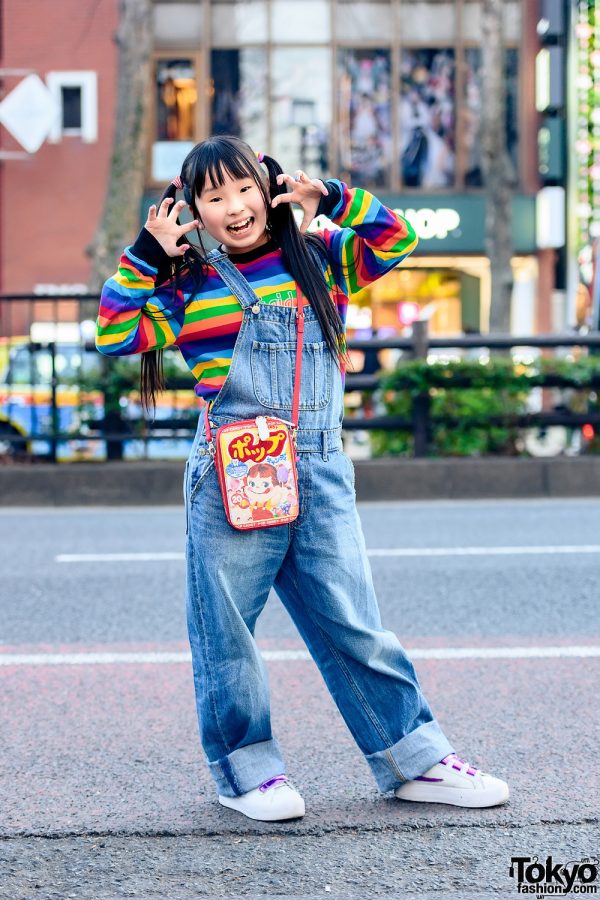 Japanese Child Actress in X-Girl Harajuku Street Style, Rainbow Sweater, Denim Overalls, Samantha Thavasa Peko-chan Bag & FILA Sneakers