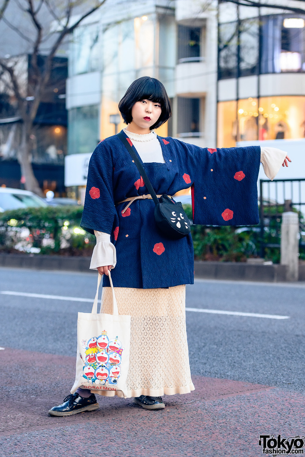 Japanese Street Style w/ Resale Michiyuki, GU Turtleneck Dress, Knit Skirt, Doraemon Canvas Tote, Ne-Net Cat Bag & Patent Shoes