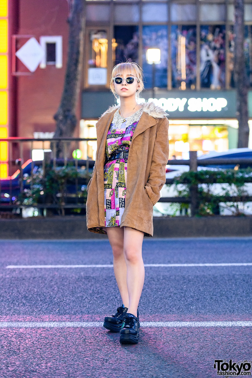 Harajuku Resale Street Style w/ Sunglasses, Fur-Collar Jacket, Printed Dress, Bless Accessories & Yosuke