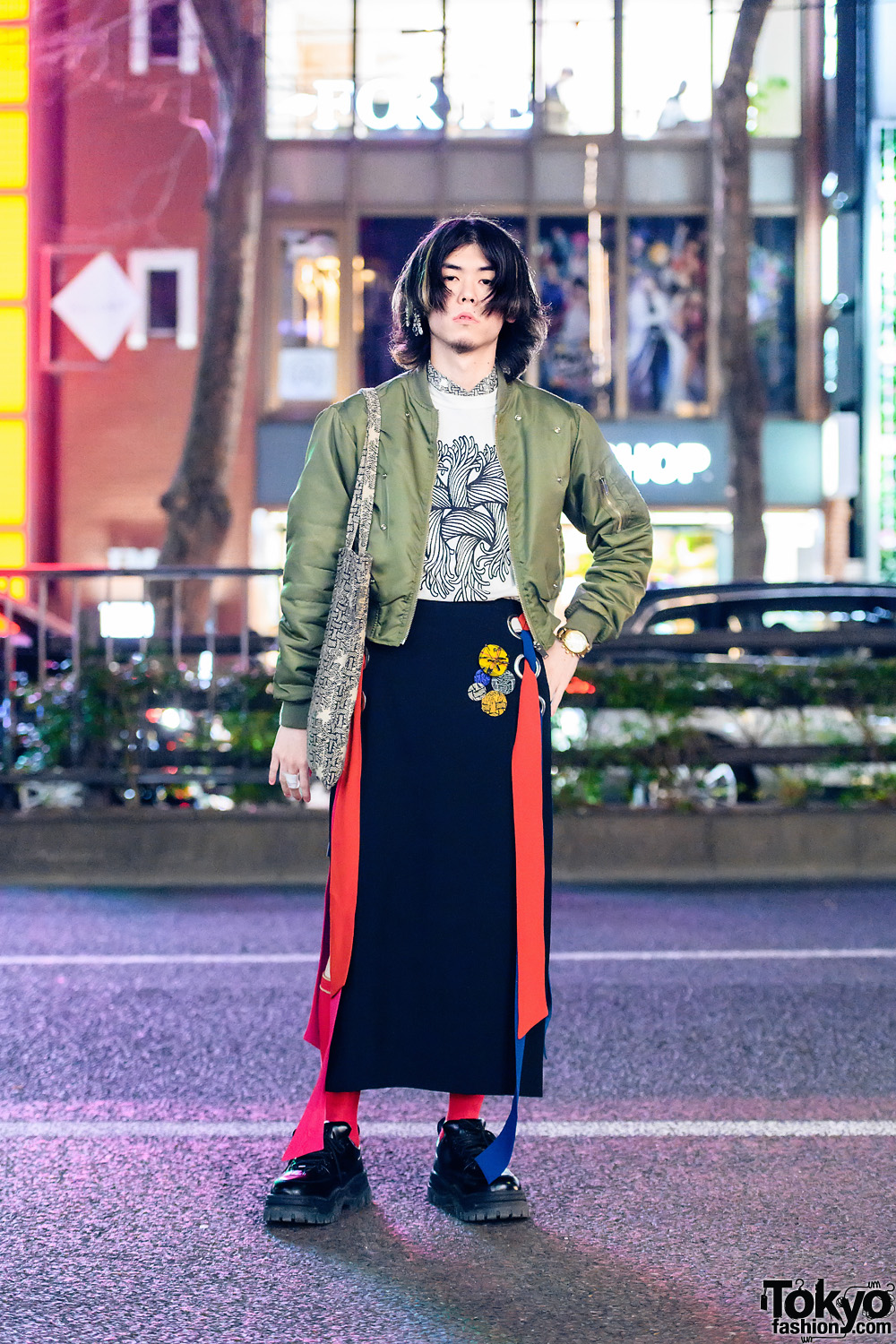 Tokyo Street Style w/ Rhinestone Earpiece, M.Y.O.B. Bomber Jacket, Christopher Nemeth, Sacai Asymmetric Skirt, Rope Print Tote & Eytys Chunky Sneakers
