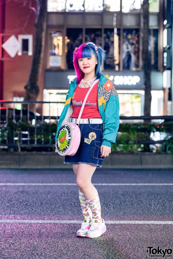 Colorful Casual Streetwear Style w/ Half Color Hair, Butterfly Necklace, Chicago, Angel Blue Denim Skirt, Little Sunny Bite Kermit The Frog Bag, Butterfly Fall Vintage & Nike