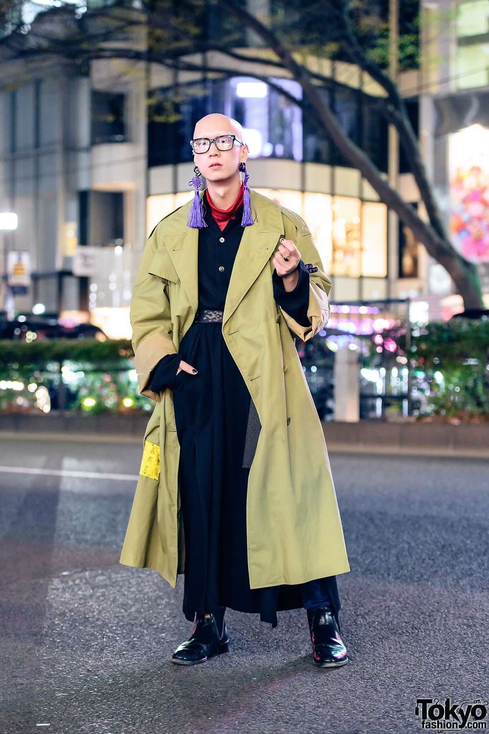 Tokyo Menswear Street Style w/ Bull Horn Snail Earrings, Tassel Earrings, Custom Vintage Overcoat, Belted Maxi Coat, Yohji Yamamoto & Loake Chelsea Boots