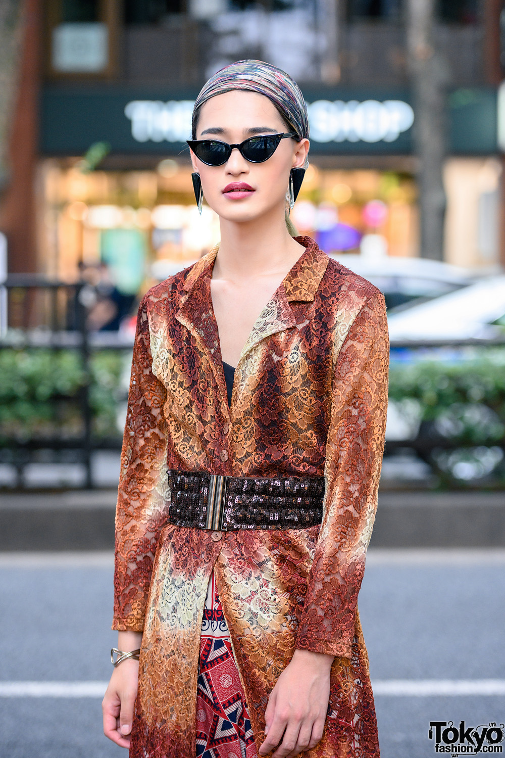 Japanese Style w/ Pointy Sunglasses, Triangle Earrings, Sequin Belt ...