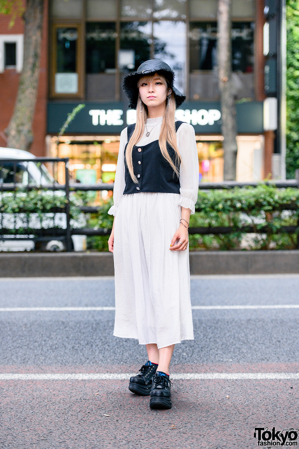 Tokyo Monochrome Style w/ Straw Hat, Bless Accessories, Shimamura Ruffle Blouse, Maxi Skirt & Yosuke