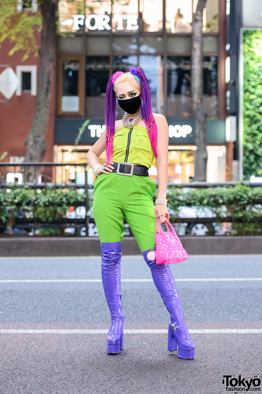 Neon Colors in Harajuku w/ Layered Statement Necklaces, Kol Me Baby Tube Top, Claire's, Forever21, Romantic Standard & Dolls Kill Thigh-High Patent Boots
