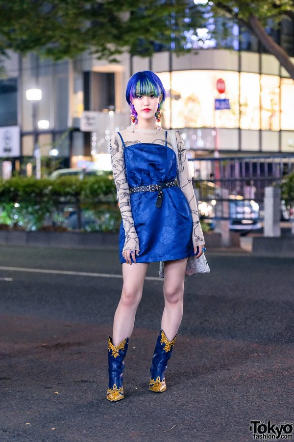 Tokyo Streetwear Style w/ Colorful Hairstyle, Vintage Bead Earrings, X-Girl Dress, MYOB Tattoo Shirt, UN3D Tote & Yello Cowboy Boots