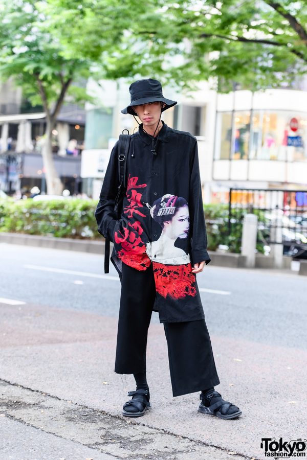 Minimalist Japanese Street Style w/ Yohji Yamamoto Graphic Top, Bucket Hat, Yohji Yamamoto Backpack, Cropped Pants & Strap Sandals