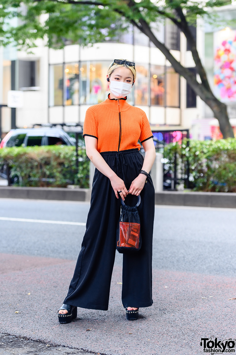 Japanese Model in Vintage Harajuku Street Style w/ Orange Top, Wide Leg Pants, Platform Slides and H&M Accessories