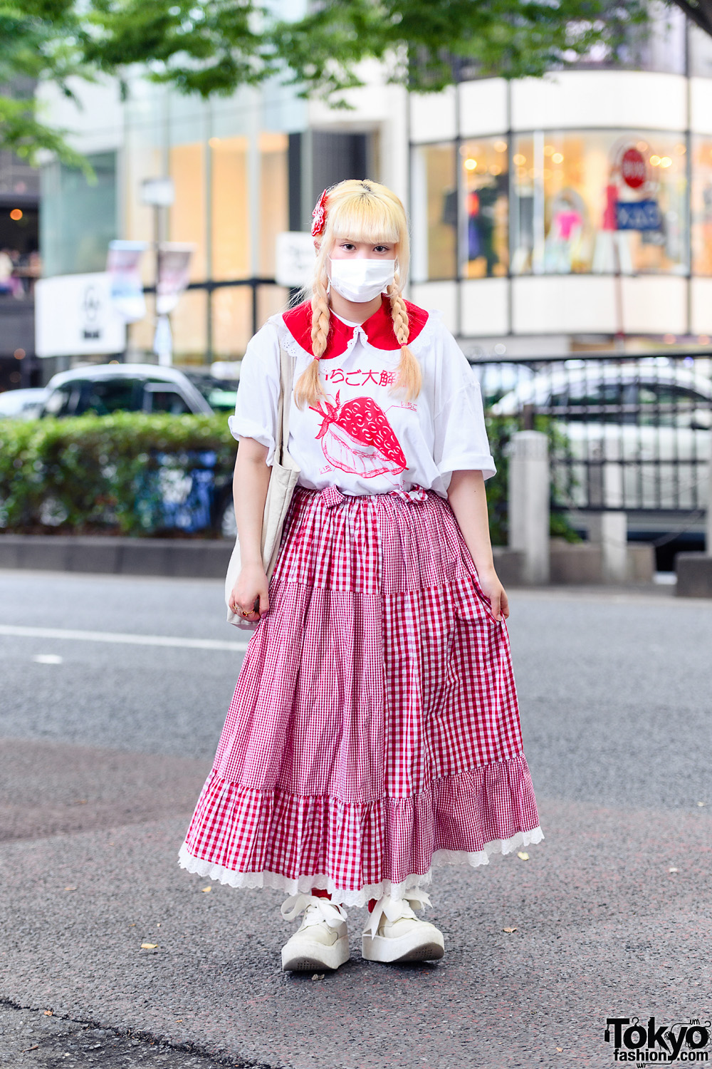 Harajuku Girl Gingham Style w/ Decotoland Shirt, Amatunal Gingham Skirt, Tokyo Bopper Sneakers and Aymmy In The Batty Girls Canvas Tote
