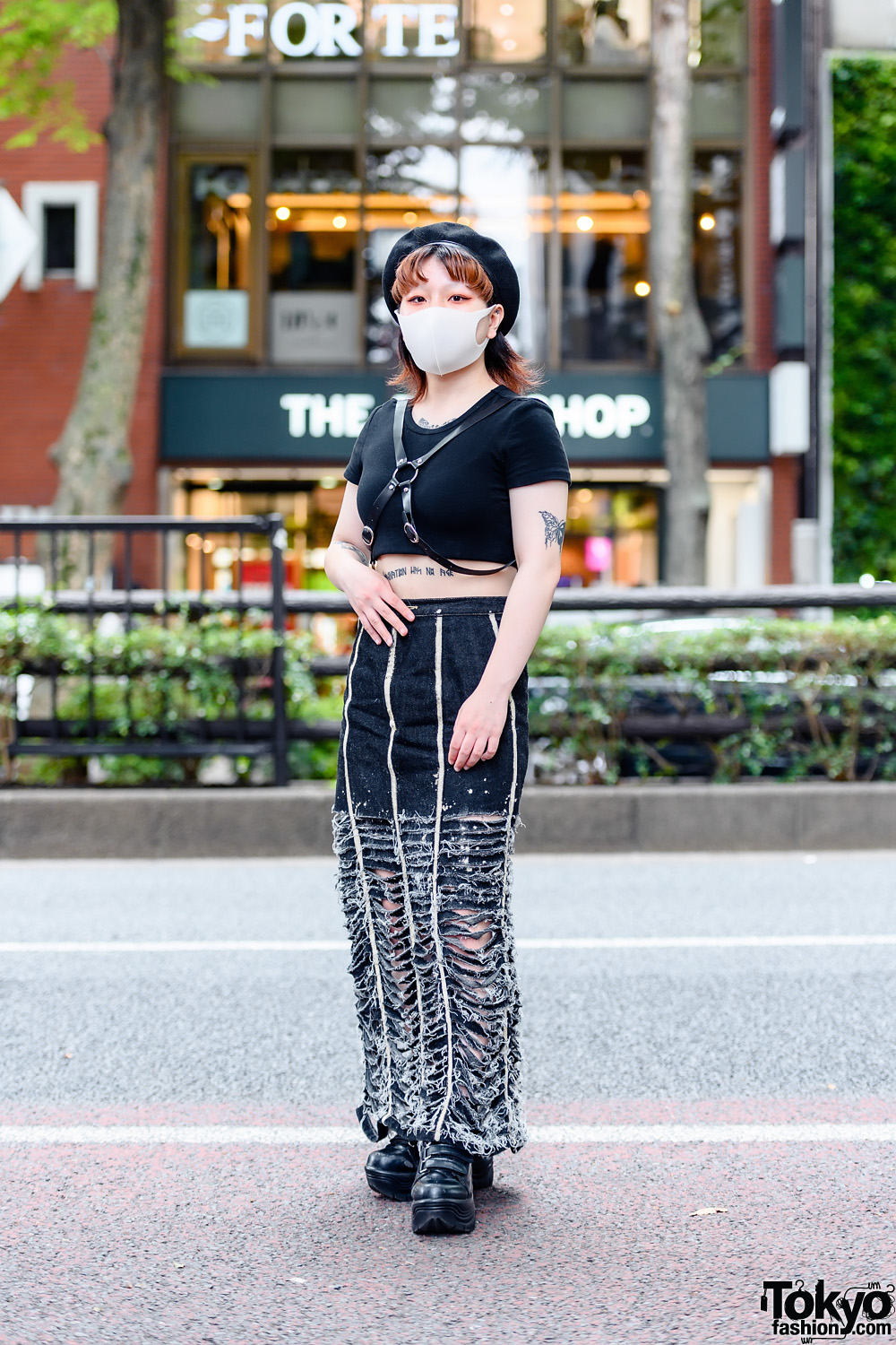 Dark Tokyo Street Style in Harajuku w/ Butterfly Tattoos, Beret, Crop Top, Leather Harness, Remake Ripped Skirt & Platform Boots