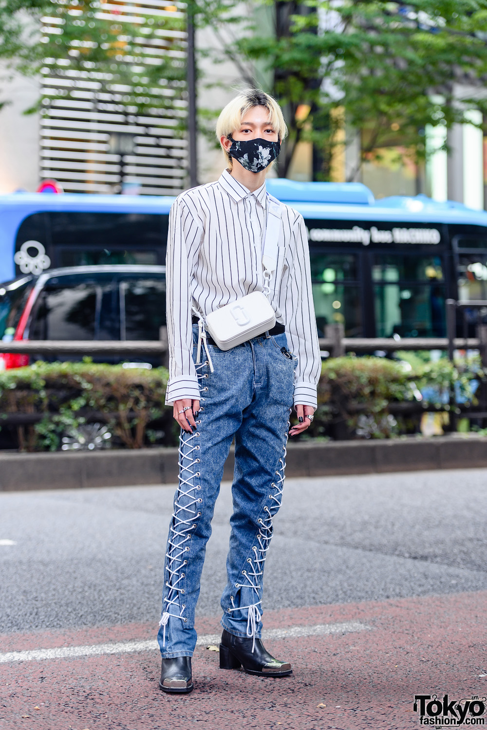 Tokyo Denim Street Style with Resale Striped Long Sleeves, Contenastore Denim Jeans, ASOS Heeled Boots & Marc Jacobs Snapshot Bag
