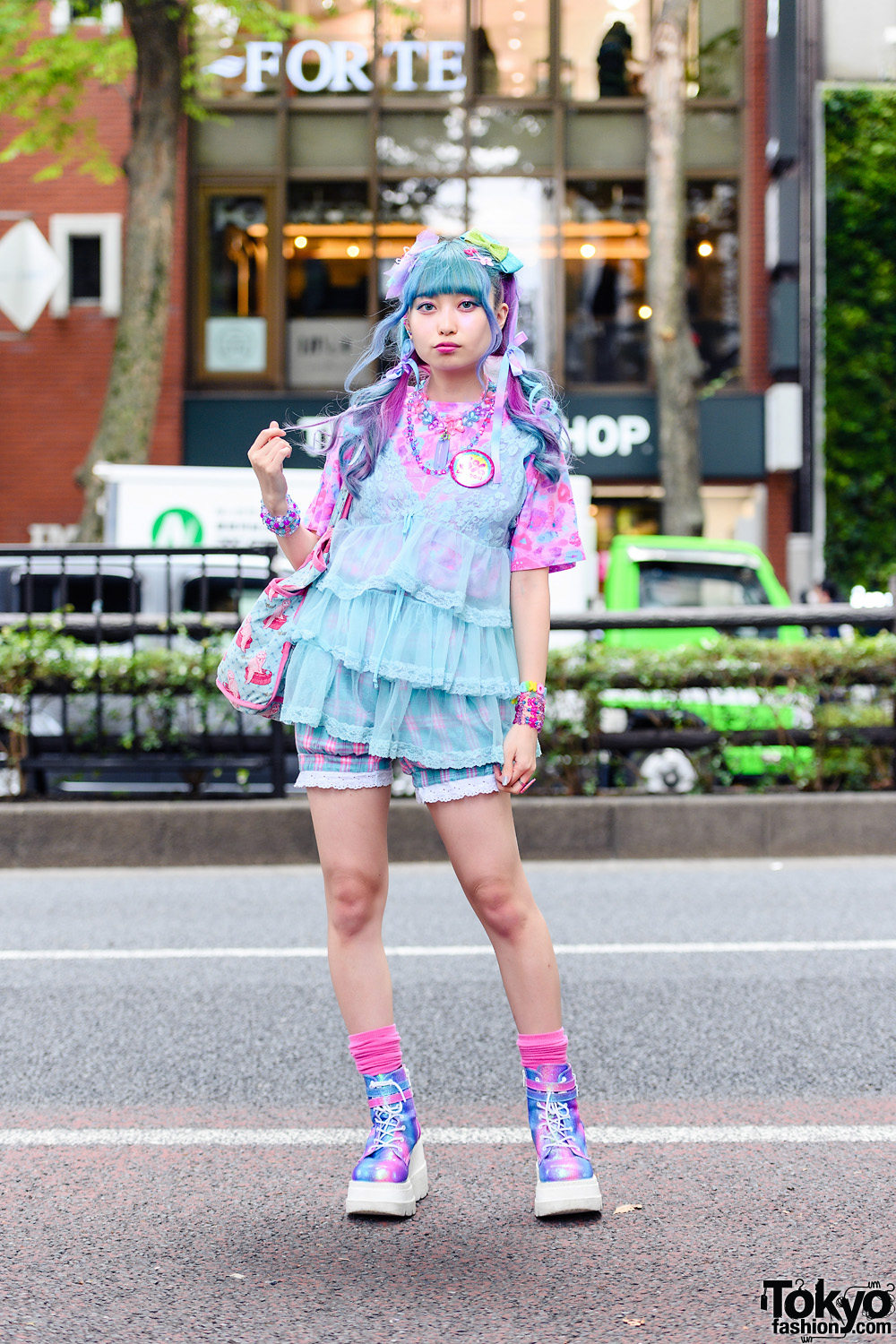 Blue and Pink Harajuku Street Style w/ 6%DOKIDOKI Lace Camisole, Pink Leopard Print Shirt, Checkered Shorts and Demonia Metallic Platform Shoes
