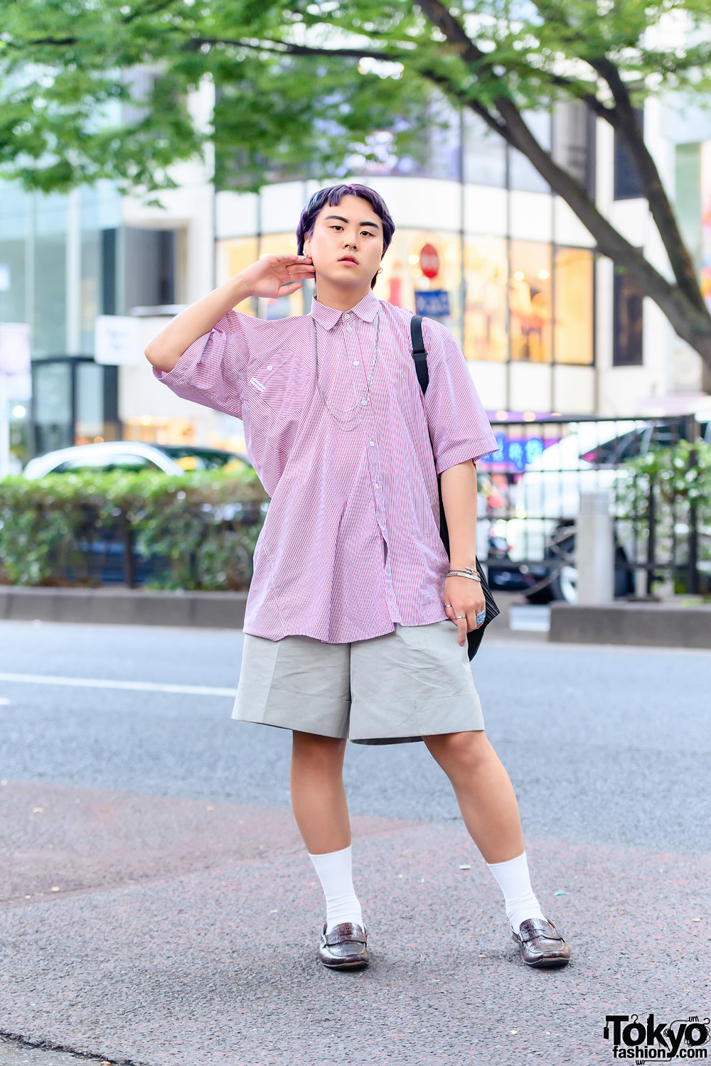 Streetwear Style in Tokyo w/ Purple Hair, Y Project Pinstripe Shirt, Jil Sander, Issey Miyake Shirred Bag, Cartier & Prada Loafers