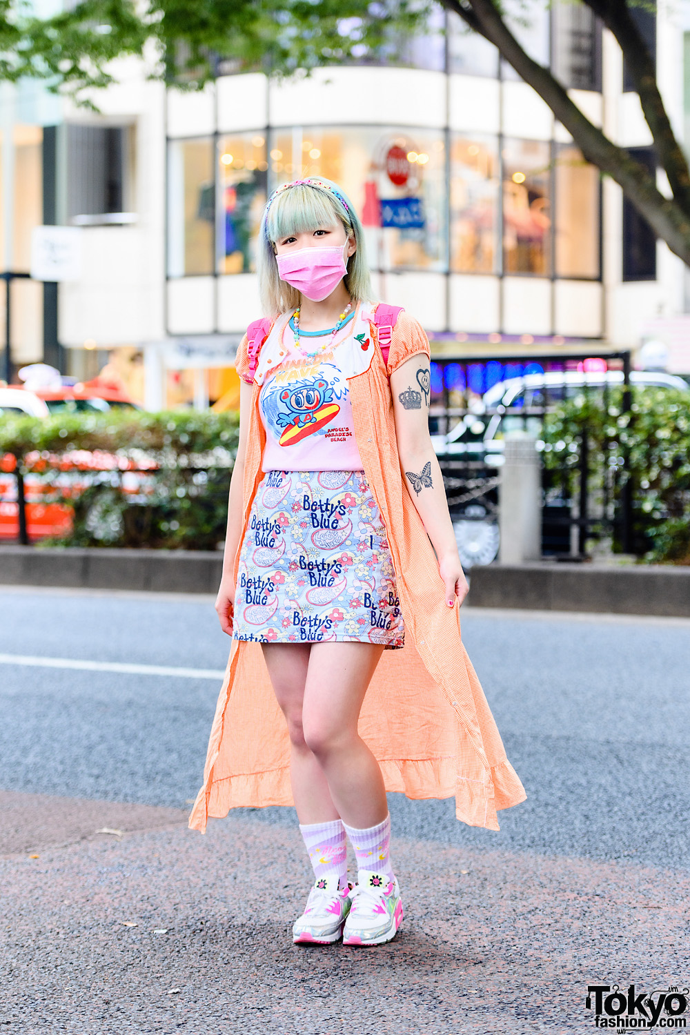 Pastel Kawaii Street Style w/ Pink Mask, Kinji Gingham Dress, Angel Blue, Betty's Blue, Neon Moon, Daisy Lovers, Disney Princesses Backpack & Nike Sneakers