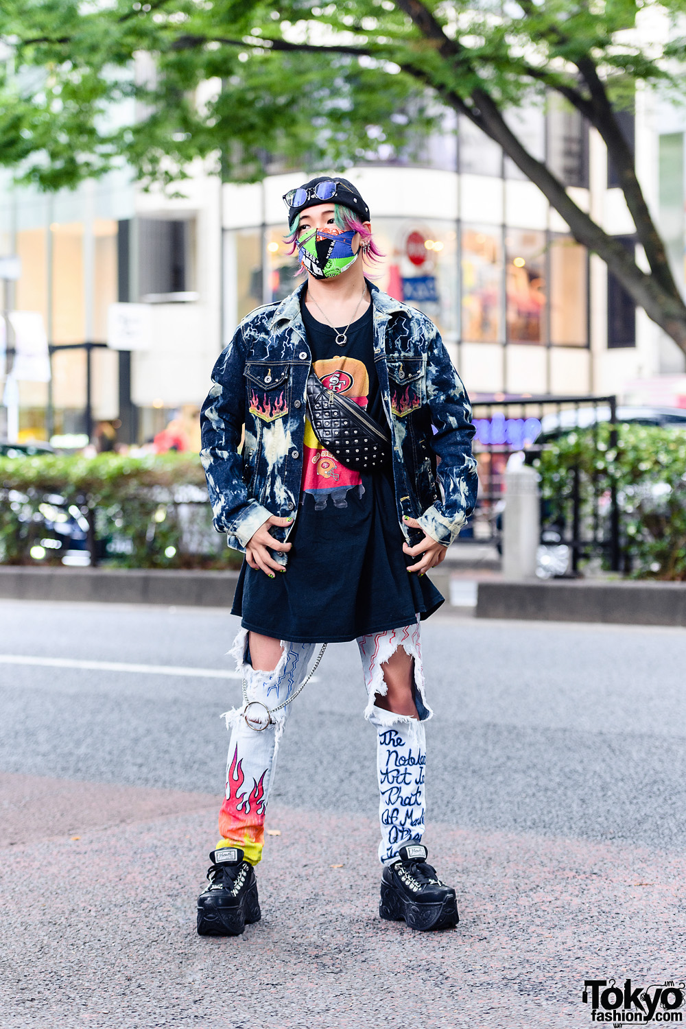 Graphic Streetwear Style w/ Two-Tone Hair, Patchwork Mask, Acid Wash Denim Jacket, Flames Ripped Jeans, Minions Shirt, Studded Waist Bag & Yosuke