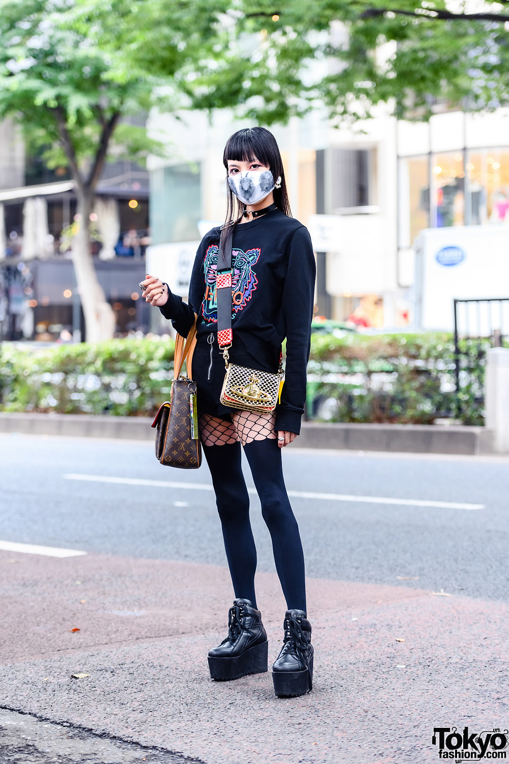 All Black Harajuku Street Style w/ Printed Face Mask, Kenzo Sweater, Shibuya 109, Vivienne Westwood Crossbody Bag, Louis Vuitton & Killstar Boots