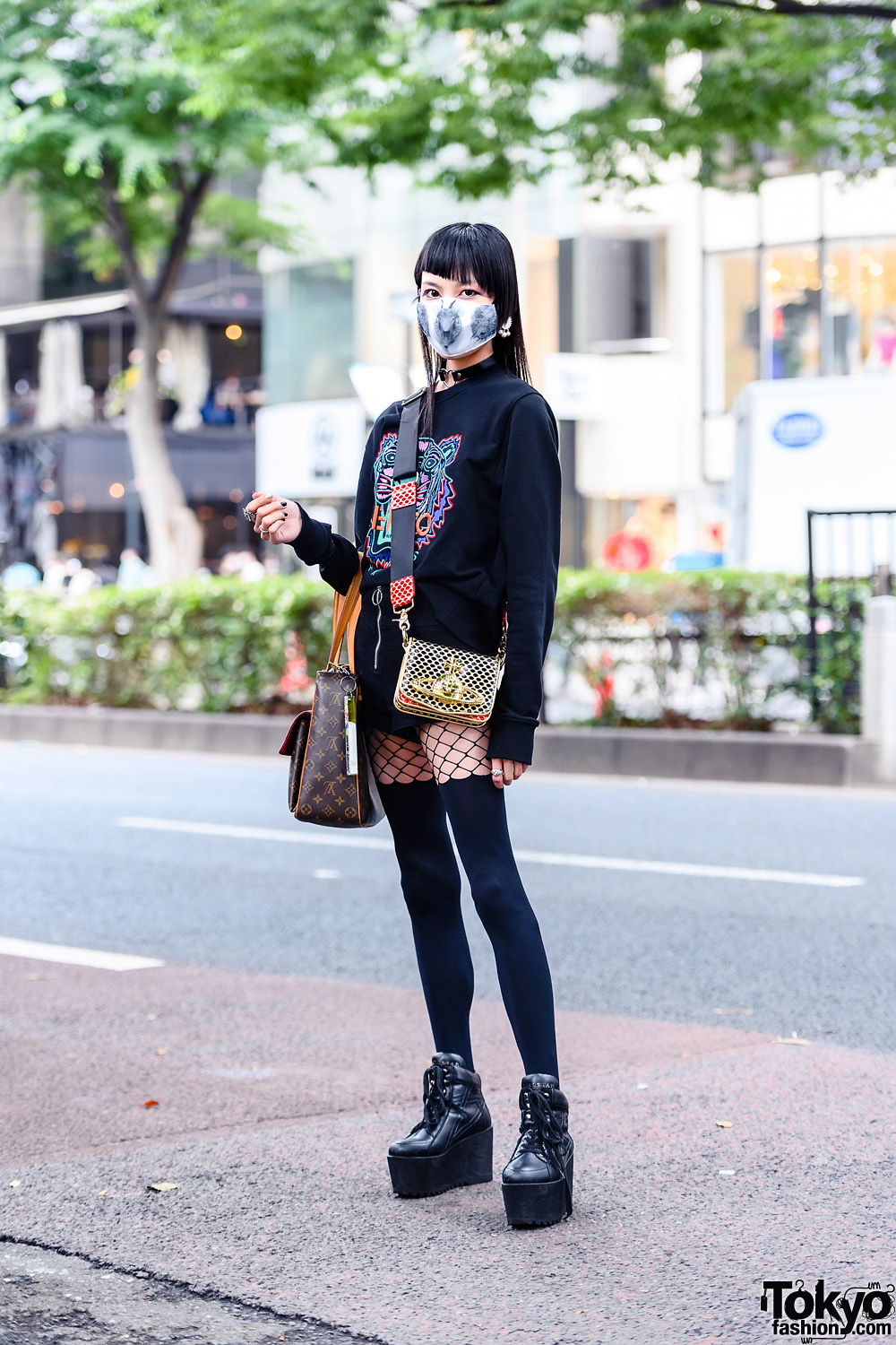 All Black Harajuku Street Style w/ Printed Face Mask, Kenzo