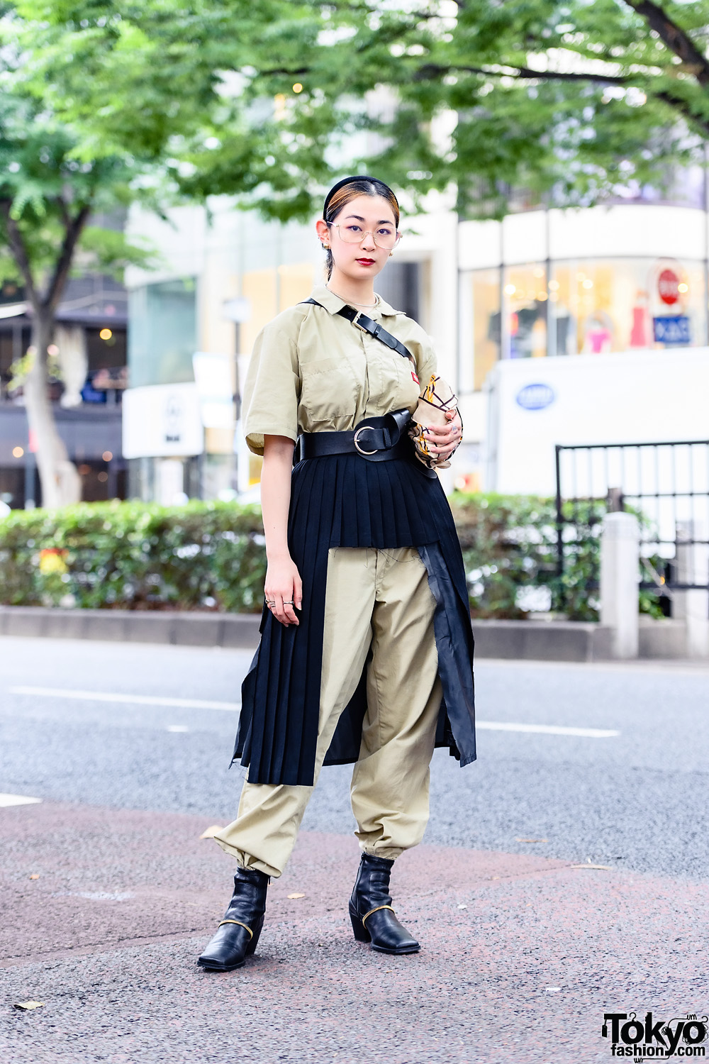 Two-Tone Tokyo Style w/ Kobinai Glasses, Dickies Khaki Jumpsuit, Remake Kinji Asymmetric Skirt, Vintage Accessories, Chanel Clutch & Zara Boots