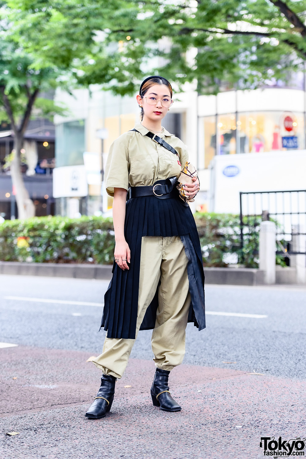 Two-Tone Tokyo Style w/ Kobinai Glasses, Dickies Khaki Jumpsuit