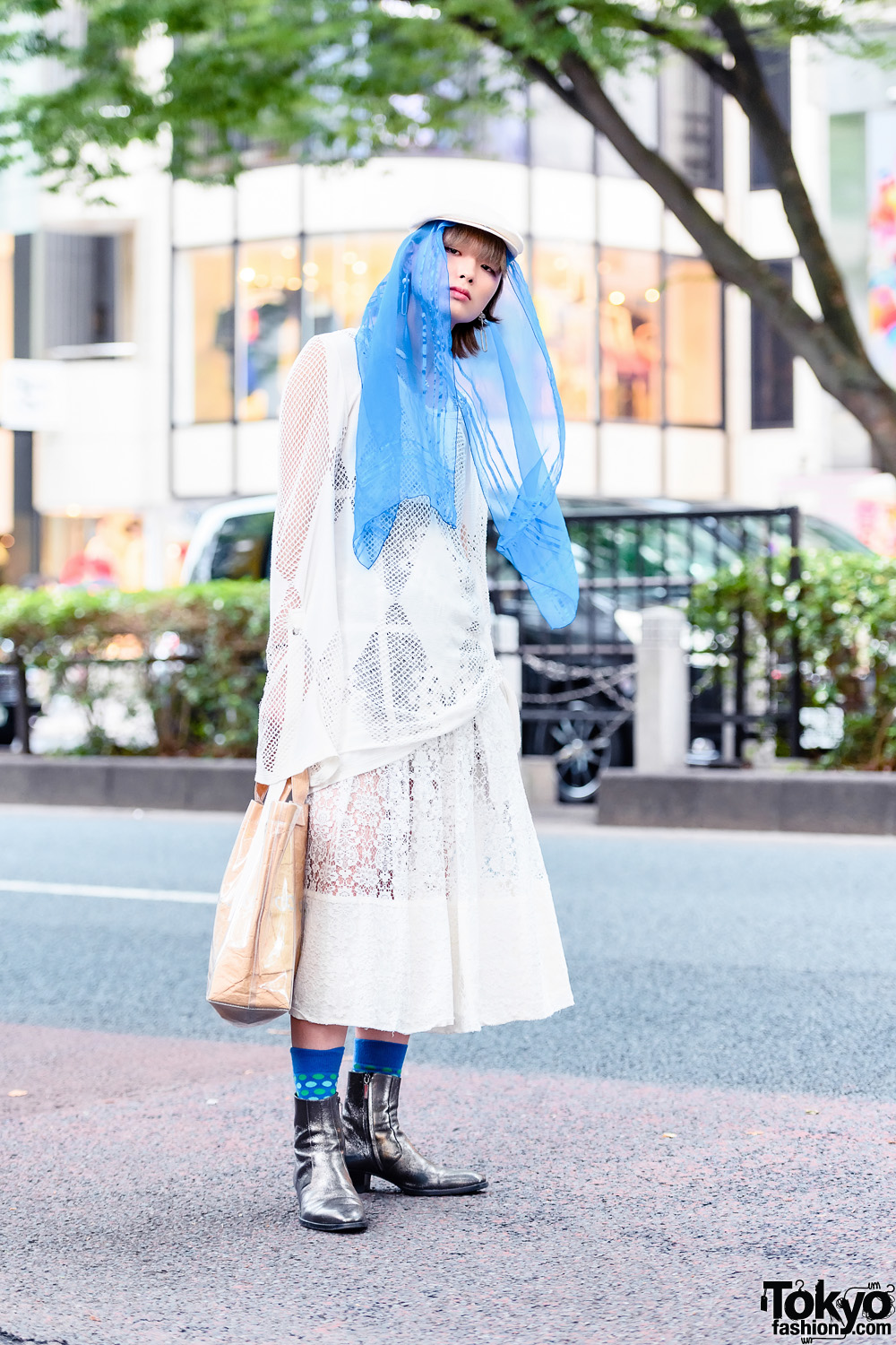 Harajuku Menswear Skirt Styles w/ Newsboy Scarf, Sheer Blue Scarf, Limi Feu Mesh Sweatshirt, Comme des Garcons & Saint Laurent Chelsea Boots