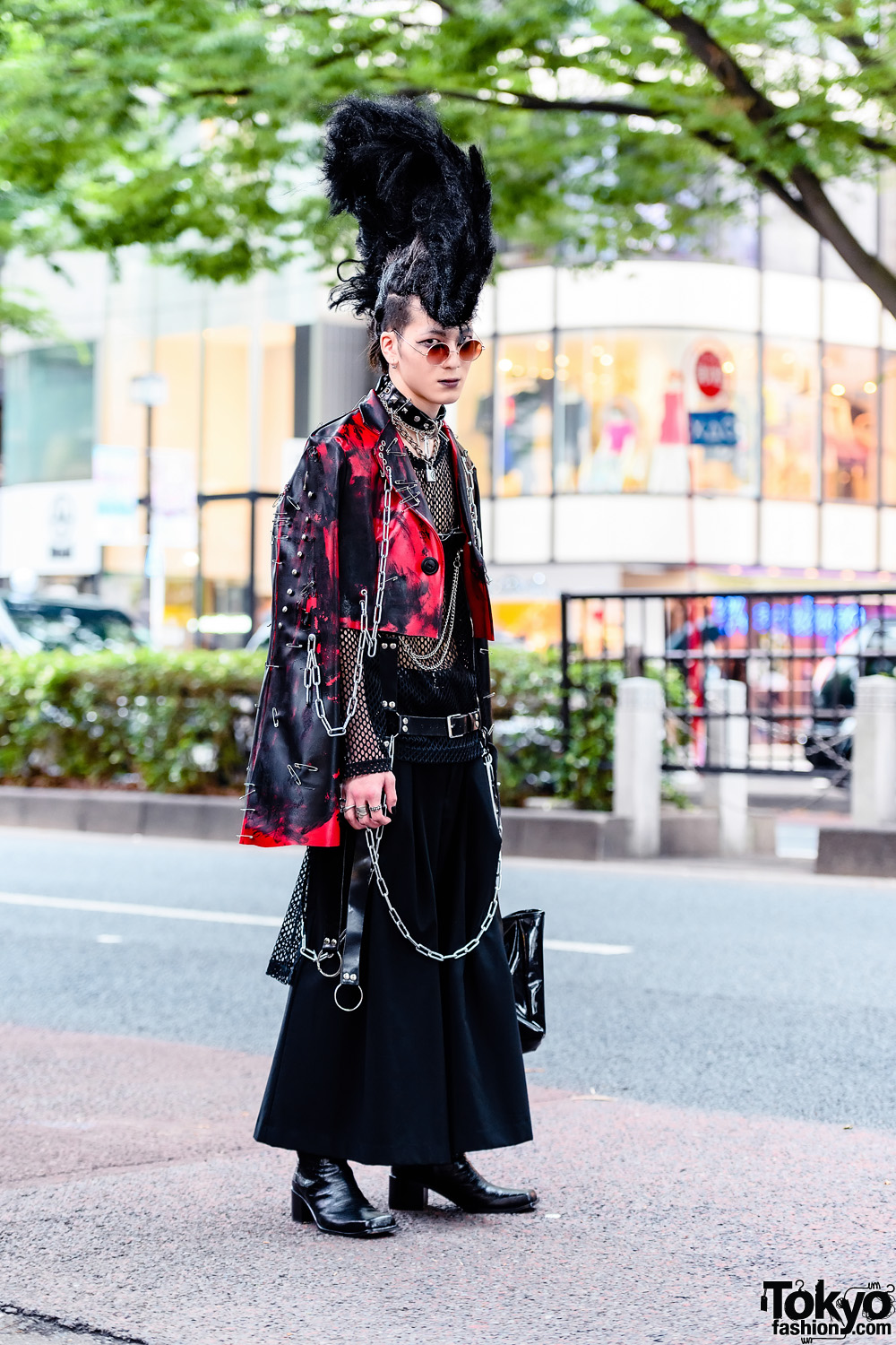 Tokyo Avant-Garde Streetwear Style w/ Huge Mohawk, Handmade Fashion, Comme des Garcons Mesh Top, LAD Musician Maxi Skirt & John Lawrence Sullivan Boots
