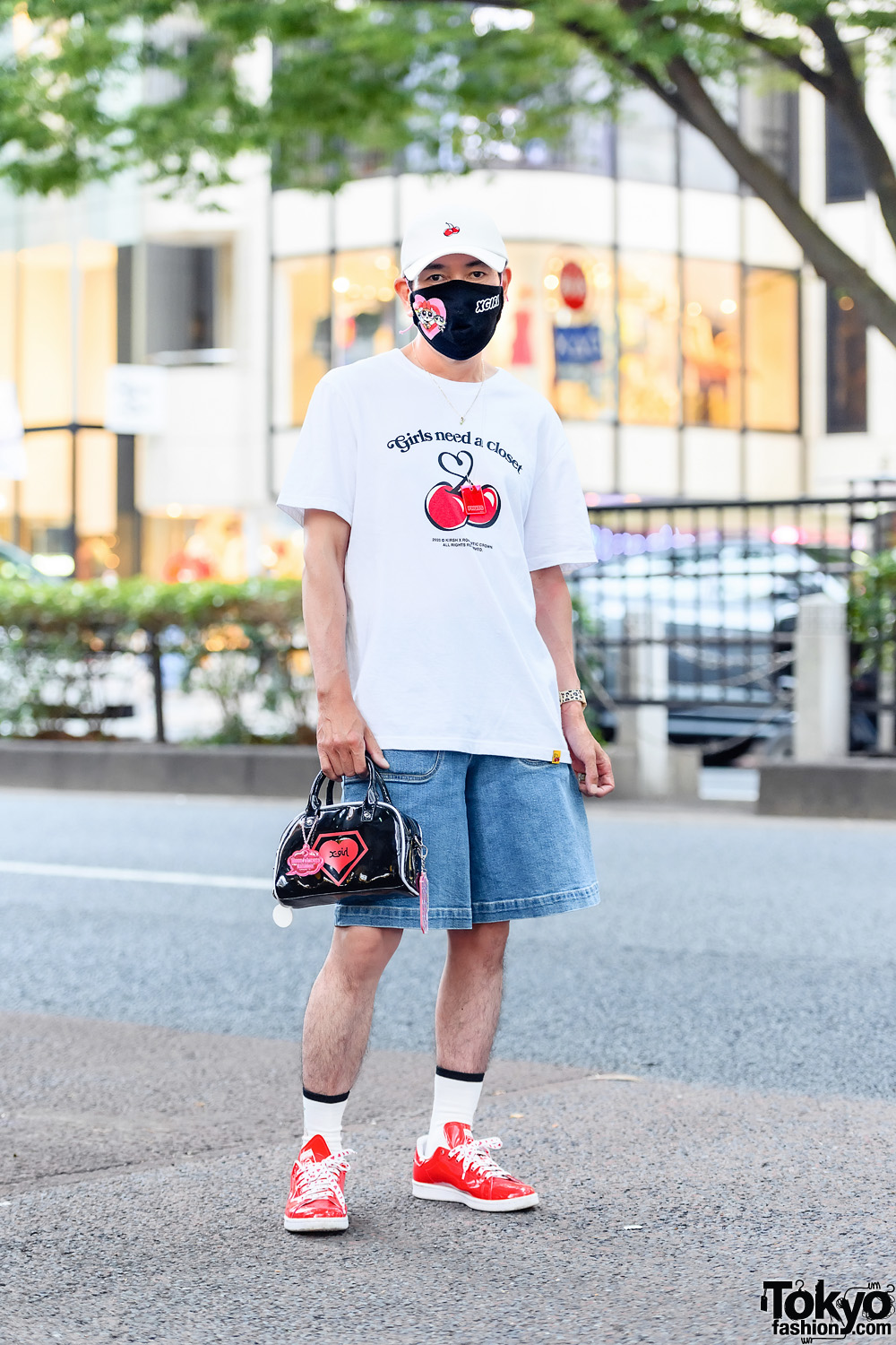 Harajuku Streetwear Style w/ Powerpuff Girls x X-Girl Mask, Kirsh Cherry T-Shirt, Chloe Denim Shorts, X-Girl Bag & Adidas Stan Smith V-Day Sneakers