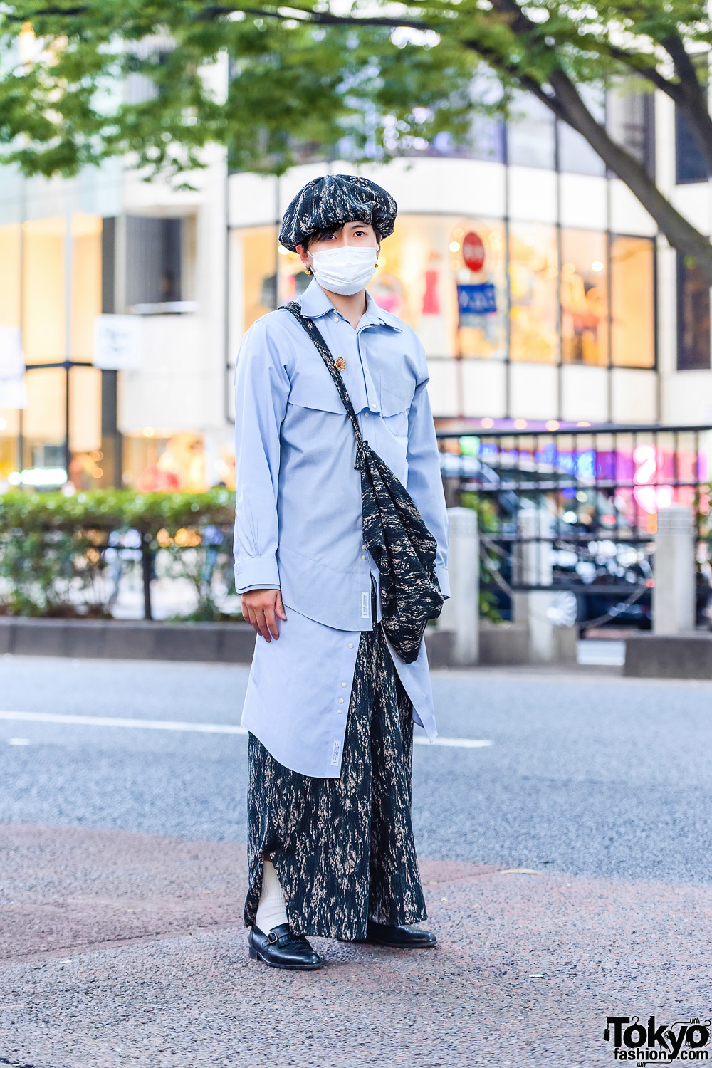 Harajuku Remake Menswear Style w/ Newsboy Cap, Leaf Brooch, Panelled Shirt, Batik Print Pants, Crossbody Bag & Valentino Fringe Loafers