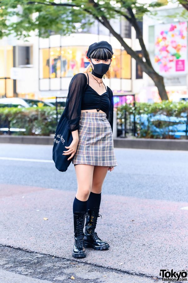 Summer Japanese Street Style w/ Two-Tone Hairstyle, Beret, Chanel Earrings, Sheer Crop Top, Plaid Skirt, Canvas Tote & Lace-Up Boots