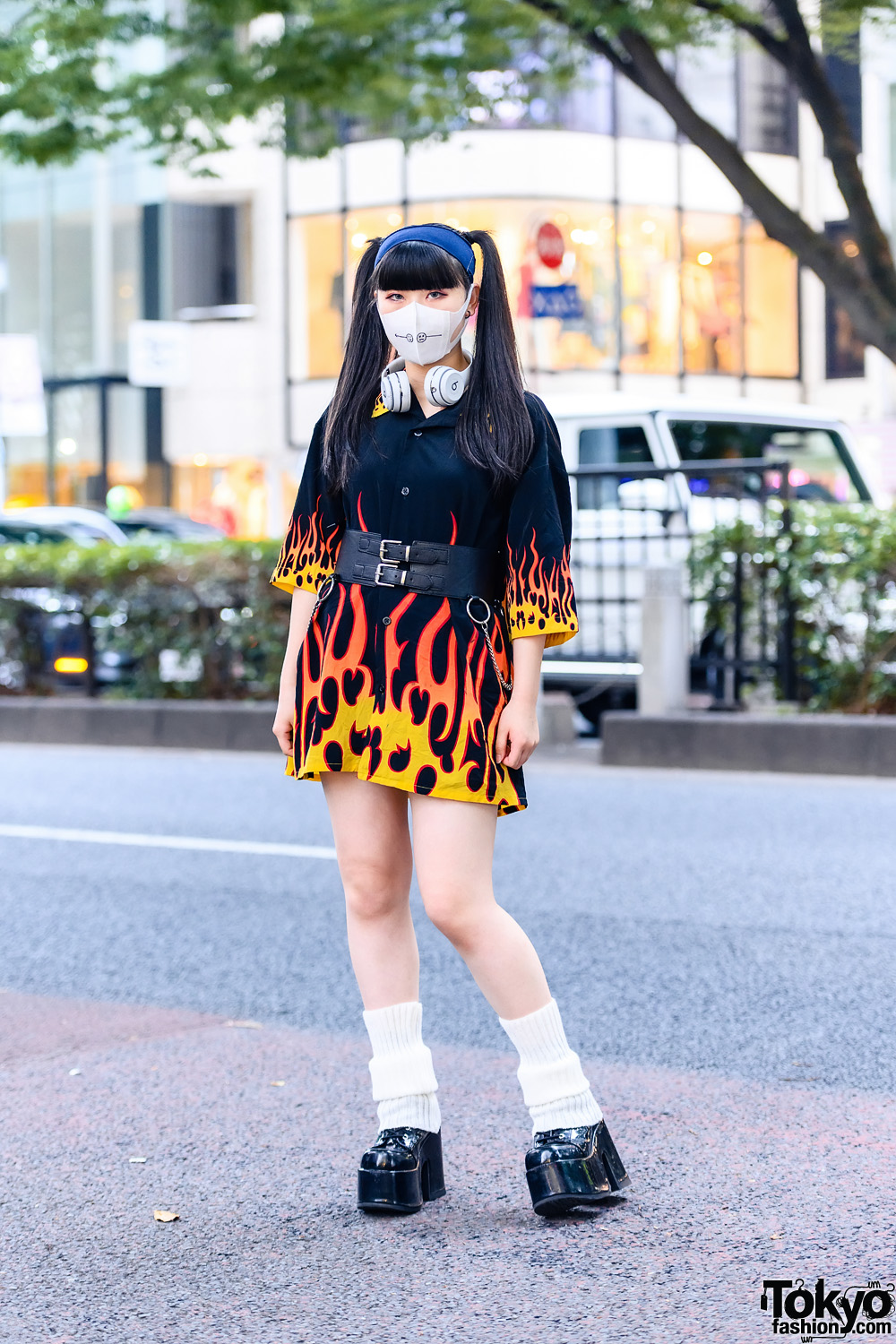 Twin Tails, Leg Warmers & Flames Harajuku Street Style w/ Beats by Dre Headphones, Never Mind the XU & Demonia Platforms