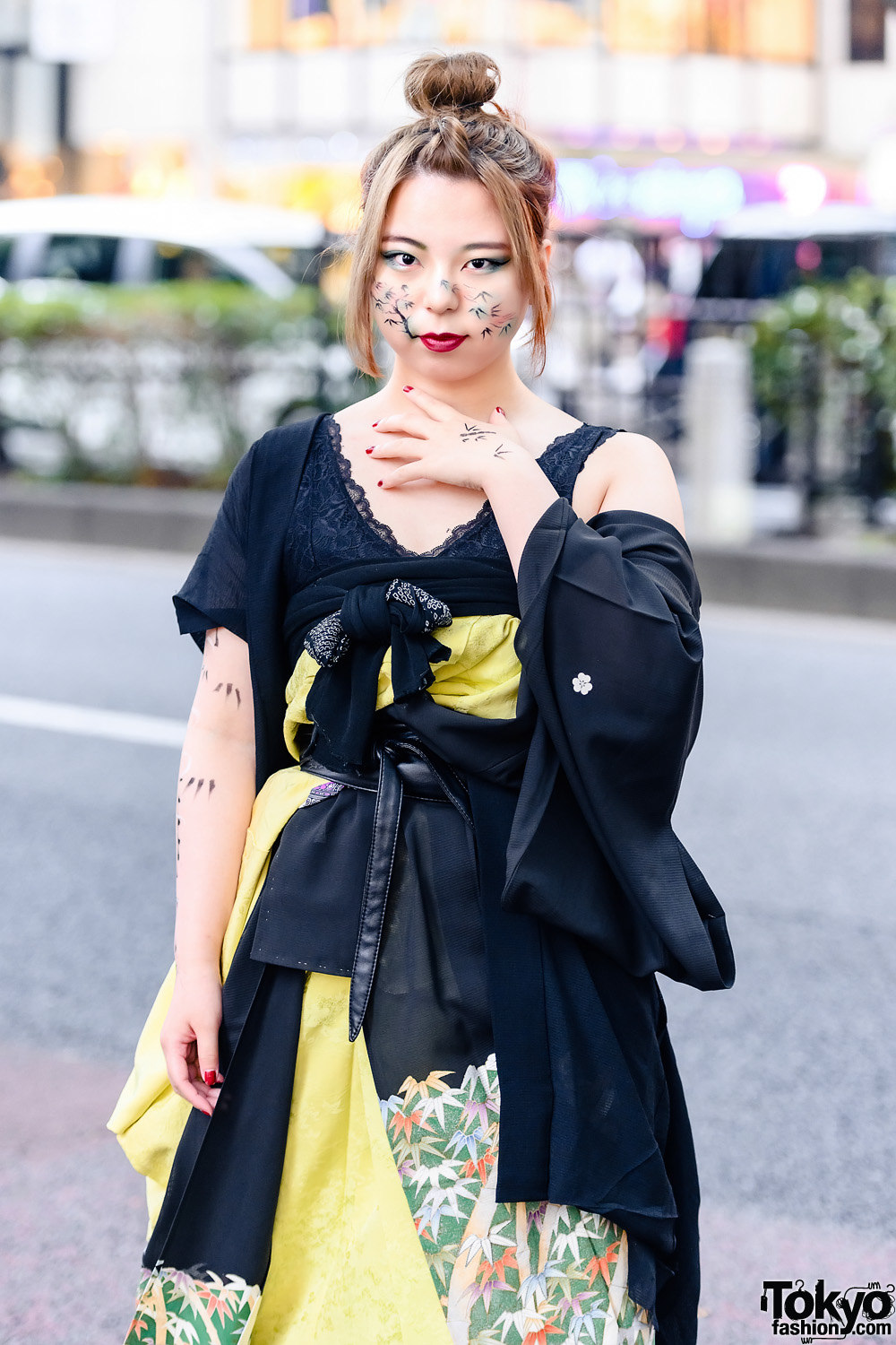 Vintage Kimono Japanese Street Style w/ Bamboo Makeup, Wide Leg Pants ...
