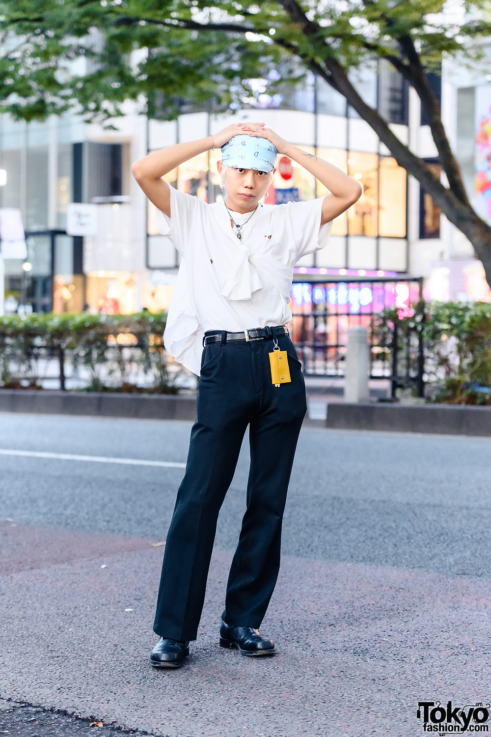 Japanese Street Style w/ Ripped Shirt, H&M, Jil Sander Trousers, Tiffany & Co., Maison Margiela & Alyx Boots